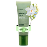 Green scalp scrub with floral design on a white background SEA SALT & GREEN TEA SCALP SCALER 7.05 oz. FEATURING 45% SEA SALT AND COOLING MENTHOL FOR DEEP CLEANSING.