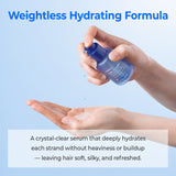 Hand holding a blue serum bottle with text about weightless hydrating formula on a light blue background