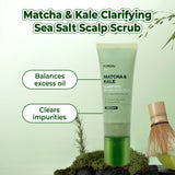 Kundal Matcha & Kale Clarifying Sea Salt Scalp Scrub with green background and text highlighting benefits.