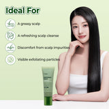 Woman with long black hair next to a green skincare product on a light green background