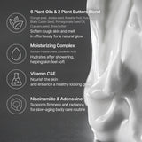 Skincare product with ingredients listed on a dark backgroundDetailed ingredients of OBJET BY KUNDAL body lotion: 6 plant oils, 2 plant butters, moisturizing complex, Vitamin C&E, and Niacinamide & Adenosine.