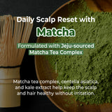 Matcha powder on a wooden plate with matcha tea whisk, text about daily scalp reset with matcha.