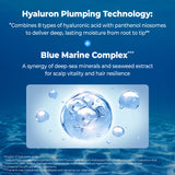 Advertisement for Hyaluron Plumping Technology with blue marine complex on a blue background
KUNDAL Blue Marine Complex and Hyaluron Plumping Technology for deep scalp hydration and bouncy hair.
