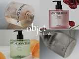 Collage of Objet by Kundal skincare products with pump dispensers and floral elements.
