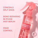 Pink hair serum bottle with text on a pink background