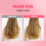 Before and after comparison of frizzy hair on a pink background with text 'Made for Frizzy Hair'.