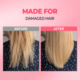 Before and after comparison of damaged hair with text 'Made for Damaged Hair' on a pink background.