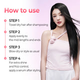 Woman with long hair next to steps on how to use a hair product